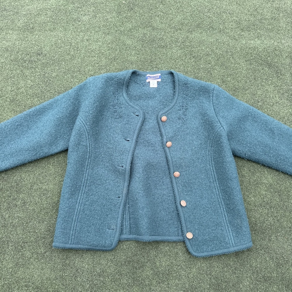 Pendleton Womens SZ Med 100% Wool Green Cardigan Sweater Embroidered‎